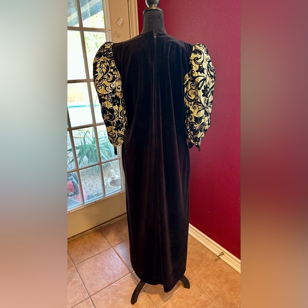 Vintage 80s David Brown Black Velvet Gold Puff Sleeve Evening Dress M - Picture 8 of 12